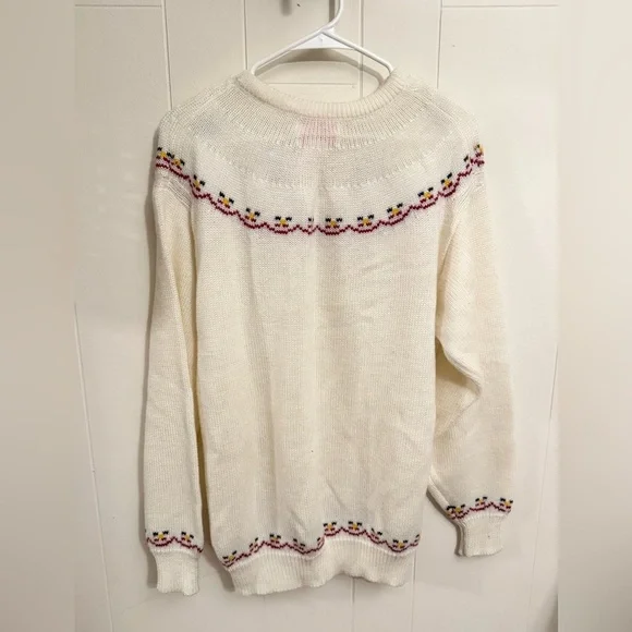 Vintage ‘80s White Crewneck Sweater with Floral Embroidery Women XL Cottagecore - Picture 2 of 9